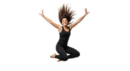 Happy young woman in sportswear jumping with raised arms isolated on transparent background, expressing joy and freedom during fitness workout