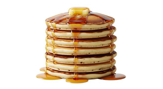 Stack of delicious pancakes with butter and maple syrup isolated on transparent background is ready to be served for breakfast or brunch