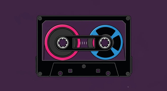 Retro audio cassette tape vector illustration. Vintage 80s music mixtape concept with pink and blue reels. Flat design analog sound recording media