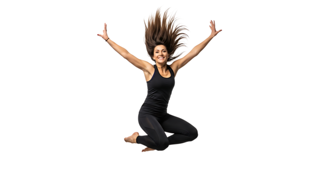 Happy young woman in sportswear jumping with raised arms isolated on transparent background, expressing joy and freedom during fitness workout