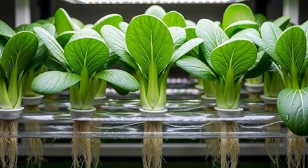 Lush bok choy plants grow with healthy roots in a hydroponic system.