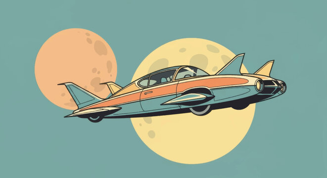 Retro futuristic flying car in space. Vintage comic style vector illustration. Classic sci-fi vehicle with moons background