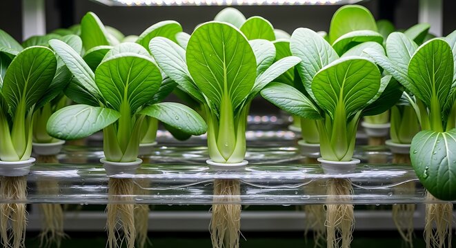 Lush bok choy plants grow with healthy roots in a hydroponic system.