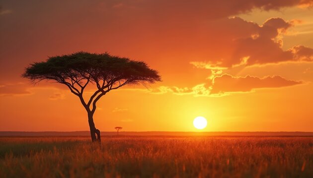African savanna landscape at sunset with acacia tree silhouette. Golden sun sets on horizon over grassland. Calm safari scenery in tranquil wilderness. Peaceful nature background of Serengeti for - Powered by Adobe