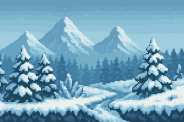 Charming pixel art winter landscape with snow-covered mountains and trees, perfect for game design backgrounds or nostalgic digital art projects