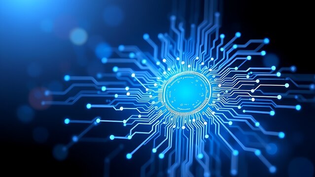 cynic. Glowing blue and white circuit patterns on a dark background, abstract tech concept. symbolizing technological progress and responsible innovation.