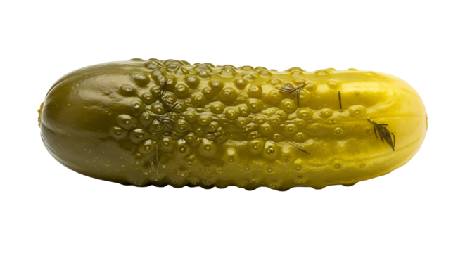 Closeup of a single dill pickle isolated on transparent background, showcasing its bumpy texture and vibrant green color, perfect for foodrelated projects
