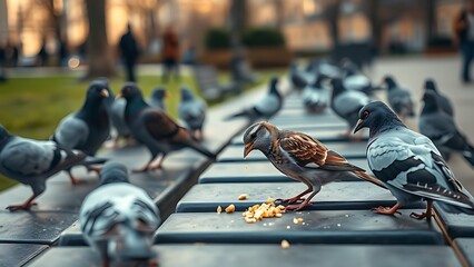 atrocity. A common sparrow among pigeons pecking crumbs on a city park bench in morning light. wildlife magazines, conservation campaigns, designed for nature documentaries and education.