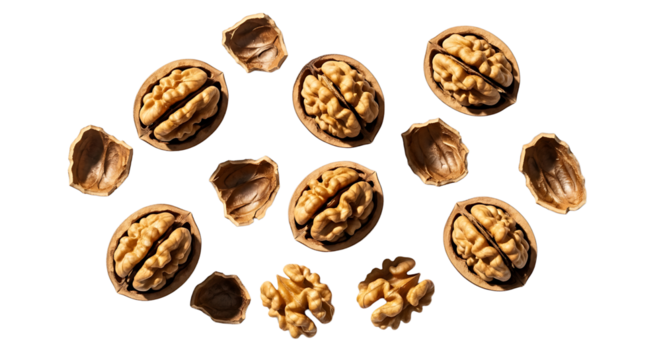 A collection of walnuts and walnut shells isolated on transparent background, showcasing their texture, color, and form in a clean composition