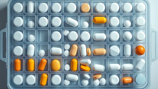 dimer. Pill organizer with tablets in sequence, clinical top view, geometric arrangement. STEM education sheets, lab safety posters, designed for biotech research communications.