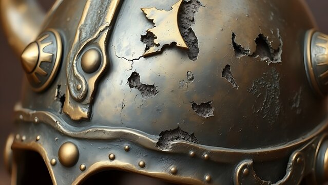 passphrase. Damaged Viking helmet with battle scars and dents, metallic texture. event programs, museum guides, designed for cultural heritage projects and event programs.