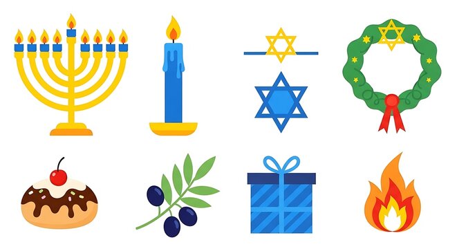 Photo of festive hanukkah icons isolated on white background featuring menorah, candle, star of david, wreath, sufganiyot, olive branch, gift, and fire for holiday celebrations - Powered by Adobe