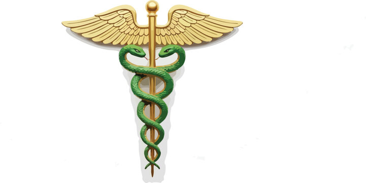 A detailed image of a caduceus symbol featuring a golden staff, two green snakes intertwined, and golden wings, set against a clean white background.