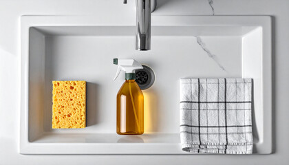 Eco friendly cleaning items on white countertop in professional studio advertising photo
