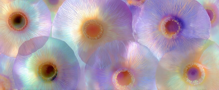 Pastel abstract pattern of translucent circular shapes with radiant floral design