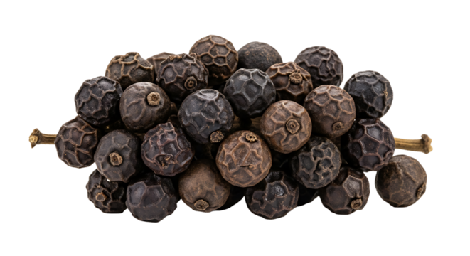 Closeup of a bunch of black peppercorns isolated on transparent background, showcasing the dried berries of the piper nigrum plant, commonly used as spice