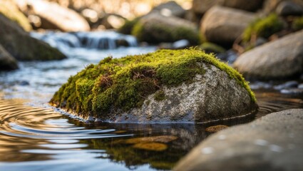 A photo of a moss-covered stone in a mountain stream.