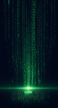 Green binary code falls on a circuit board, creating a digital landscape. The image represents data, technology, and digital information flow