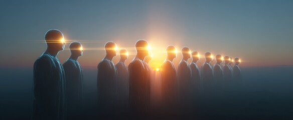 Fototapeta premium Futuristic vision of human figures with light rays at sunrise for sci-fi concept and poster design,Gift of Sight Month