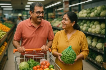 Happy couple grocery shopping together.