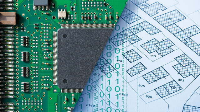 DIGITALIZATION IN LAND ADMINISTRATION - Public cadastral digital databases and information about land records and property registry concept with fictional cadastral map and electronic component