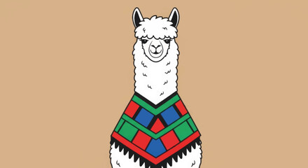 Obraz premium Funny cartoon alpaca in a festive poncho. South American animal character vector illustration. Peruvian llama with traditional clothing graphic