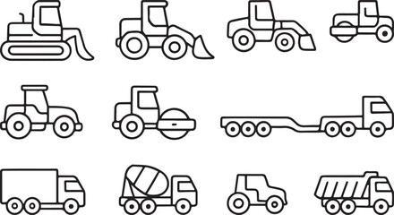 Construction Vehicle Line Icon Set – Bulldozer, Loader, Mixer, Grader, Roller.