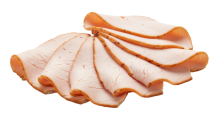 Thinly sliced turkey breast isolated on transparent background, showcasing its delicate texture and appetizing appearance, perfect for deli or sandwich themes