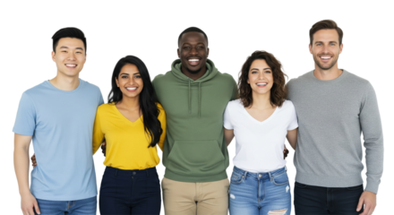 Group of different people standing together in casually outfit isolated on white or transparent background