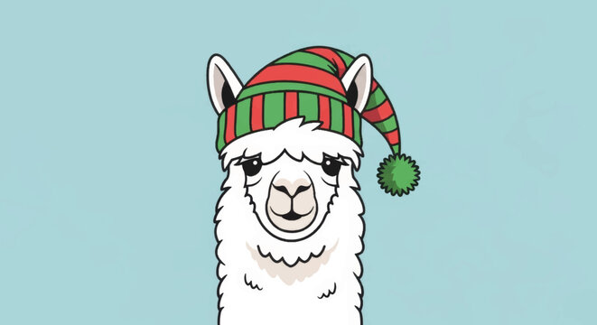 Funny cartoon alpaca in a festive Christmas hat. Vector illustration of a holiday llama character. Isolated graphic for seasonal greeting cards