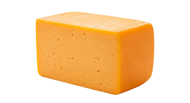 A block of cheddar cheese isolated on transparent background, showcasing its smooth texture, vibrant color, and characteristic small holes, perfect for culinary and dairy themes