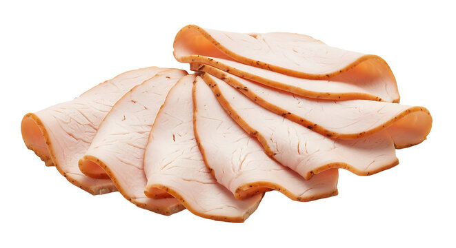 Thinly sliced turkey breast isolated on transparent background, showcasing its delicate texture and appetizing appearance, perfect for deli or sandwich themes