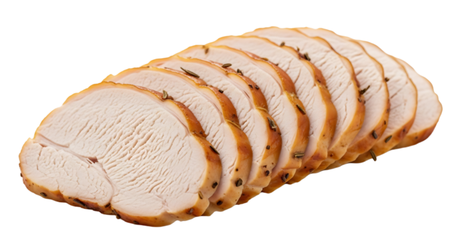 Slices of roasted turkey breast isolated on transparent background, a healthy and delicious source of lean protein for sandwiches and salads