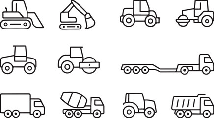 Construction Vehicle Line Icon Set – Bulldozer, Loader, Mixer, Grader, Roller.