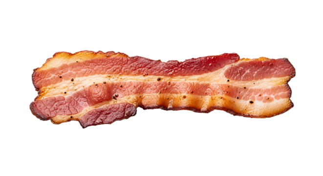 Crispy and flavorful bacon strip isolated on transparent background, perfect for breakfast, sandwiches, or as a delicious addition to any meal