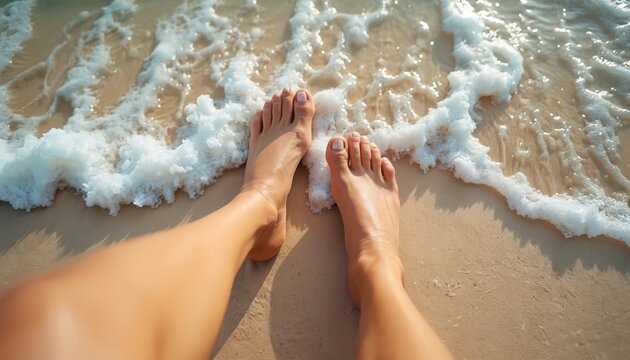 Woman bare feet touch ocean waves on sandy beach. Gentle sea foam washes over toes. Peaceful vacation scene, natural beauty, relaxation and summer vibes.