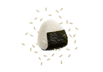 Traditional Japanese onigiri rice ball with nori seaweed and flying rice grains isolated on a white background
