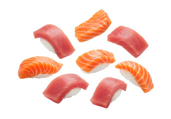 Delicious Sushi Nigiri Pieces with Fresh Tuna and Salmon on White Background