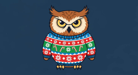 A funny cartoon owl wearing a grumpy expression and a festive Christmas sweater. Vector illustration of a bird character for holiday designs