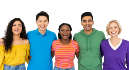 Group of different people standing together in casually outfit isolated on white or transparent background