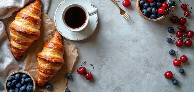 Overhead photo of breakfast pastries fresh fruit coffee. Delicious croissants blueberries cherries and coffee on gray surface. Simple morning meal aesthetic presentation.