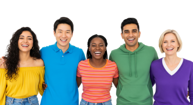 Group of different people standing together in casually outfit isolated on white or transparent background - Powered by Adobe