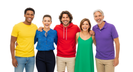 Group of different people standing together in casually light color outfit isolated on white or transparent background