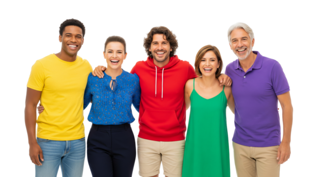 Group of different people standing together in casually light color outfit isolated on white or transparent background