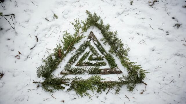Green fir and cedar tree branches form a pagan valknut symbol on white snow. Yule winter solstice concept for ancient ritual.