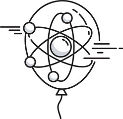 Conceptual line-art vector showing an atom inside a balloon, suggesting light, fast, or celebratory science concepts. Ideal for scientific innovation, physics, education, research launch, or progress.