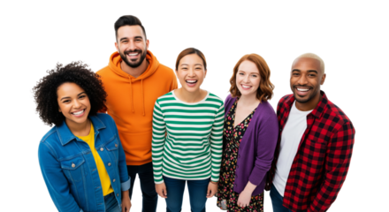 Group of different people standing together in casually light color outfit isolated on white or transparent background