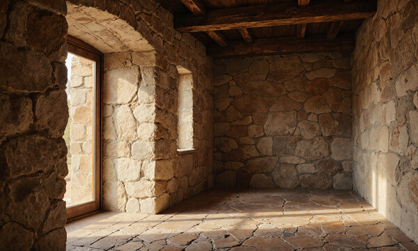 Rustic Kitchen Hall - Empty hall with stone walls, wooden ceiling beams, cracked tiled floor, golden sunlight entering, captured from
