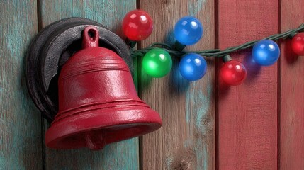 A vibrant red bell hangs on a rustic wooden wall adorned with colorful string lights