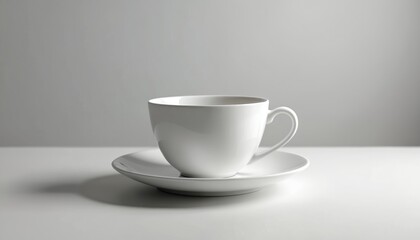 White ceramic cup on saucer. Simple mug with handle stands on white table. Clean object isolated on grey backdrop is used for mockup template. Branding presentation.
